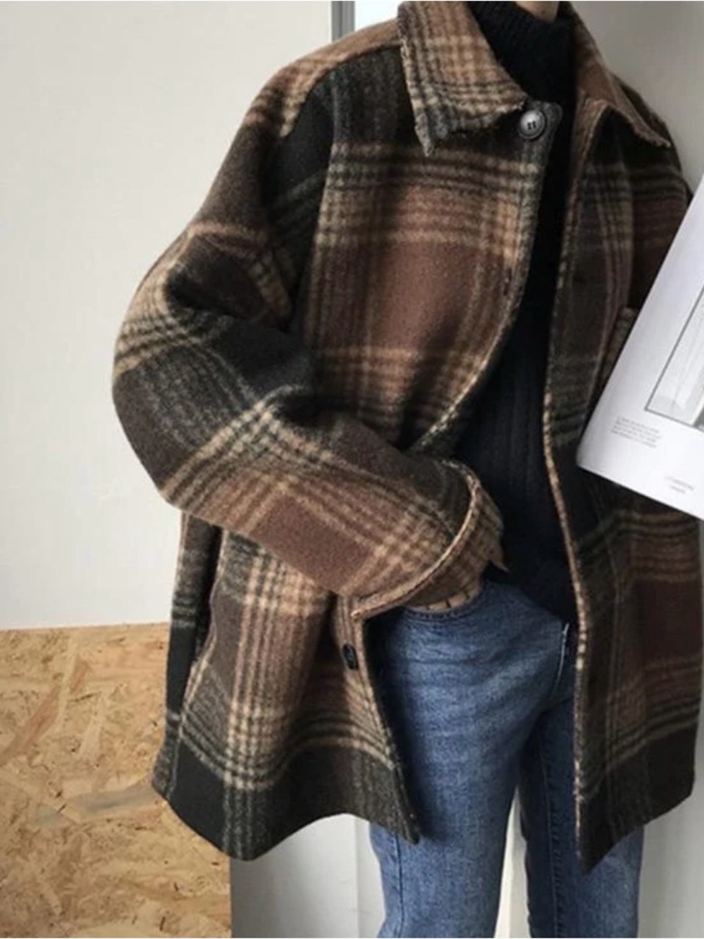 YesStyle Brown Plaid Pea Coat
